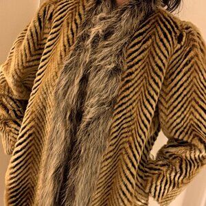Olympia Limited Vintage Faux Fur Coat with Chevron Tan and Black Pattern